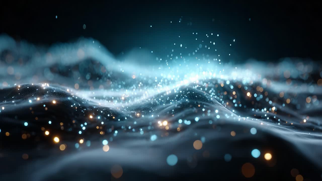 Dynamic Waves of Light and Particles in a Mystical, Luminescent Landscape Capturing the Beauty of Fluid Motion and Energy