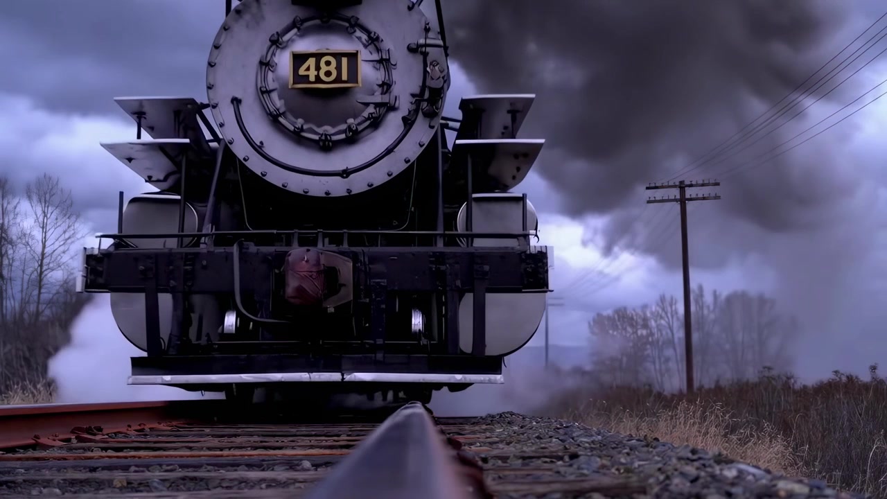 Potente locomotora de vapor acercándose en vías de tren bajo un cielo oscuro