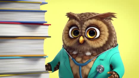 a wise and charming owl dressed as a doctor, complete with a stethoscope, stands beside a tall stack of colorful books, embodying the essence of knowledge and care.