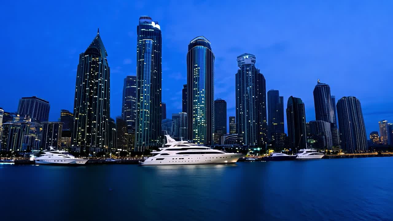 現代の街のスカイラインは 摩天楼とマリーナを展示し 魅力的なブルーアワーで変身します