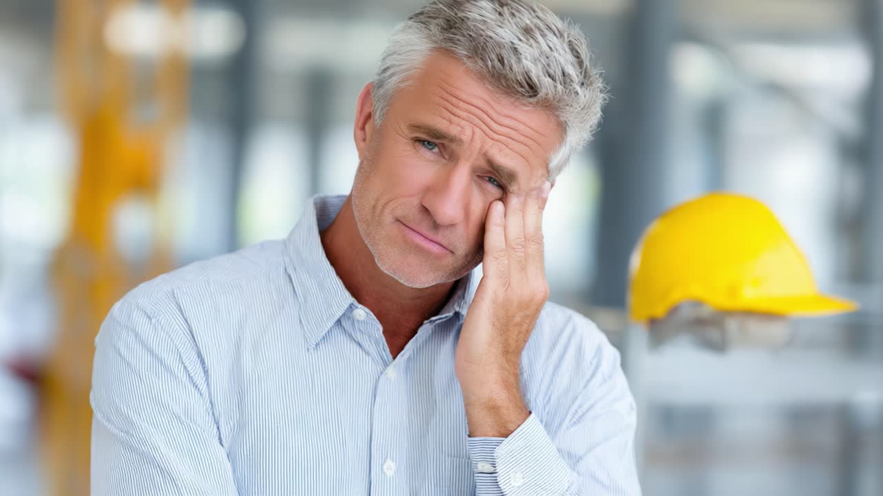 A distressed middle-aged man expresses concern and frustration in a modern workplace, showcasing emotions of worry and contemplation against a backdrop with a hard hat