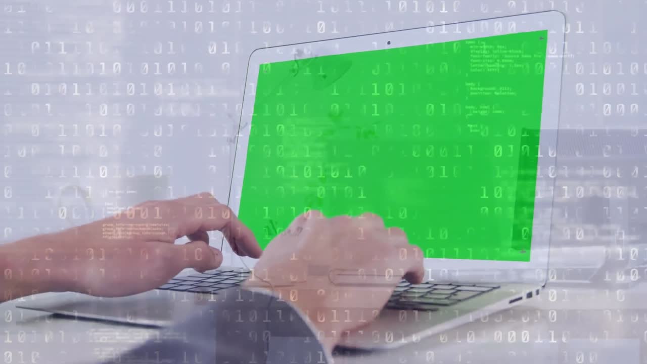 노트북을 사용하고 공부하는 학교 아이들 위에 바이너리 코딩의 애니메이션