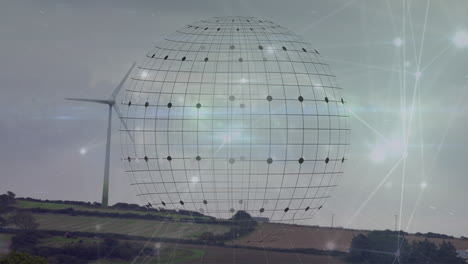 animation of connections and globe over landscape with wind turbine