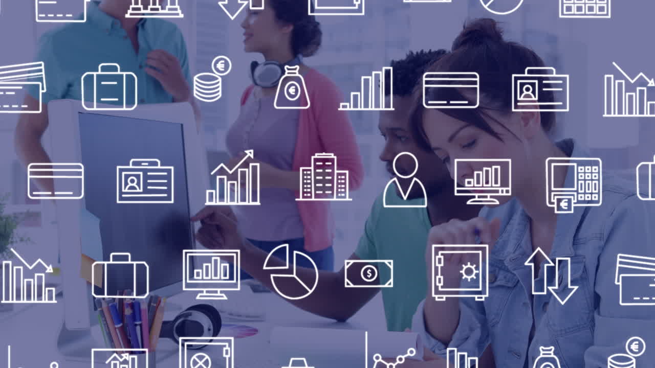 animación de iconos financieros sobre diversas personas que trabajan en la oficina