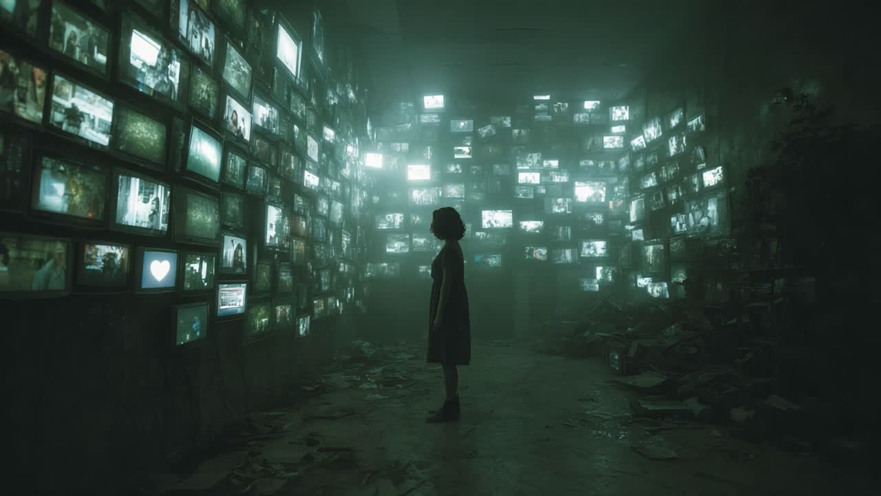 A solitary figure stands amidst a chaotic room filled with flickering screens, merging reality with digital fragments, evoking feelings of nostalgia and introspection in an enigmatic atmosphere