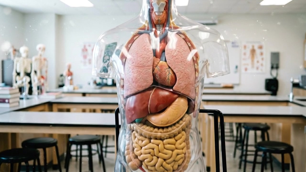 Model Anatomi Manusia dengan Organ-organ yang Ditampilkan di Dalam Ruang Kelas Terang dalam Tampilan Medis