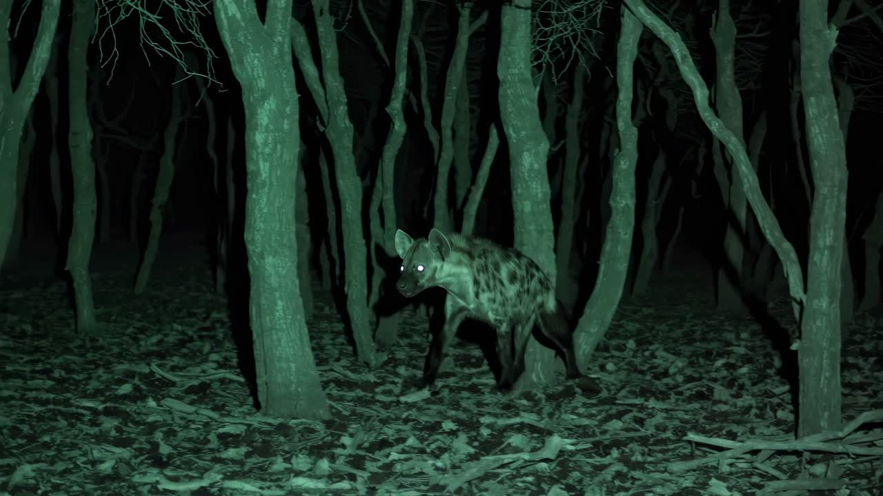 Stillbillede fra nattesynsvideo af en hyæne i en tæt skov. En lavvinkeloptagelse fremhæver det uhyggelige og mystiske.