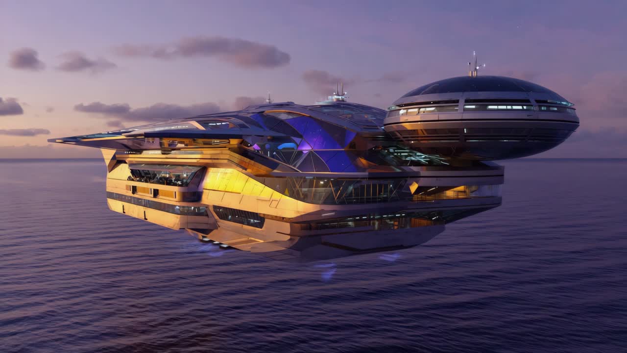 Futuristic Floating Vessel Over Water at Twilight