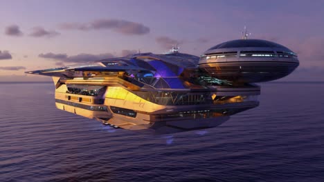 futuristic floating vessel over water at twilight