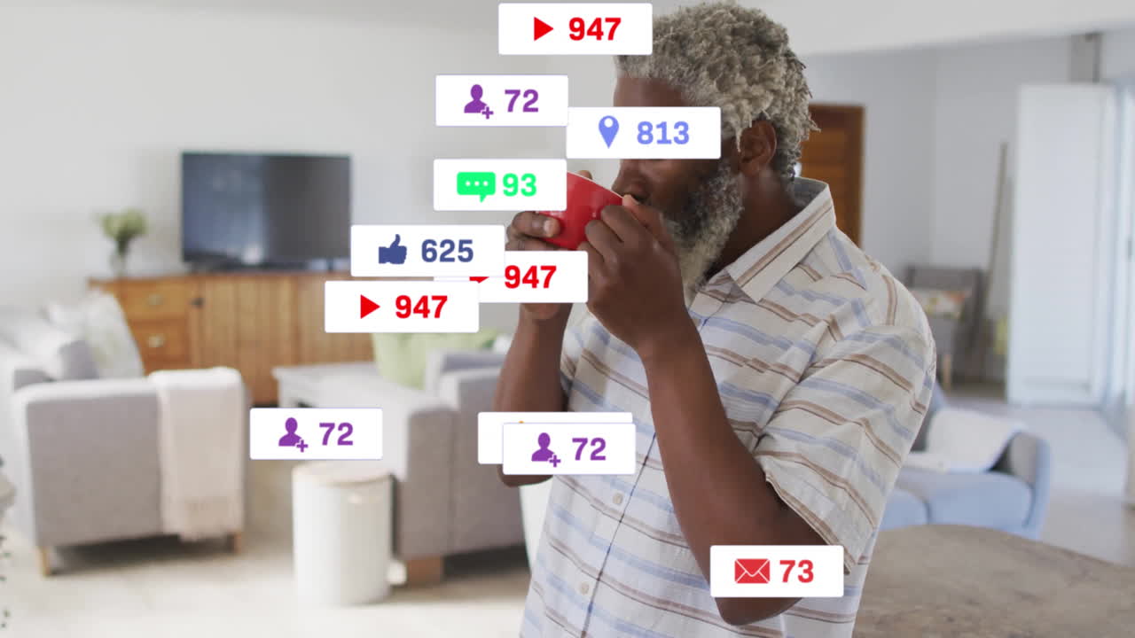 man sipping mug in living room, floating social media icons showing marketing engagement data