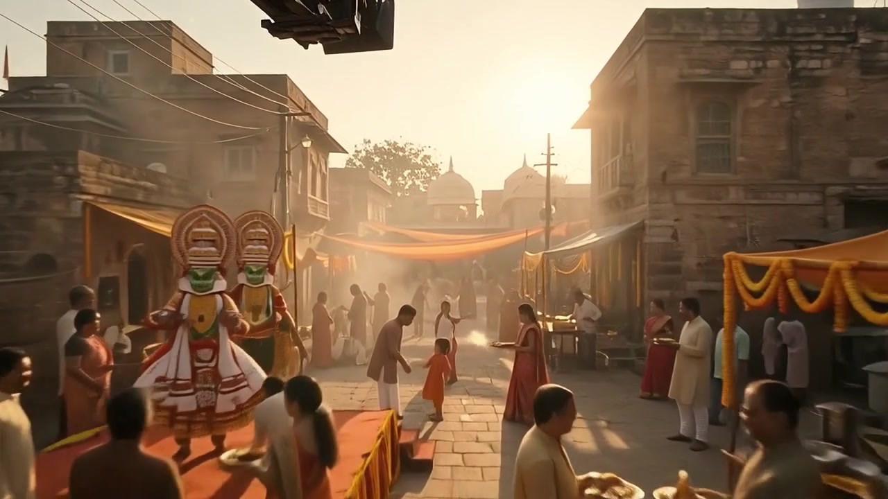 Dançarinos de Kathakali Apresentando-se em um Mercado de Rua de Festival Indiano Tradicional