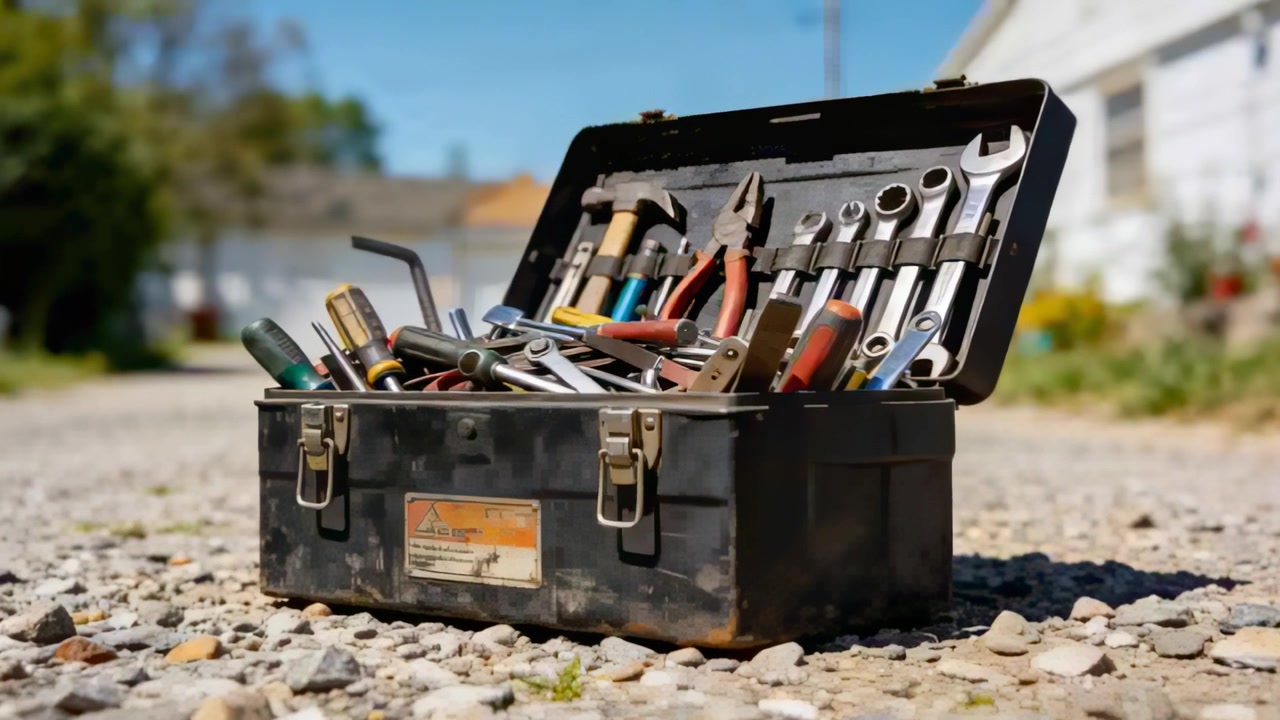 Sliding camera revealing black toolbox open on driveway, showing wrenches and pliers for repair