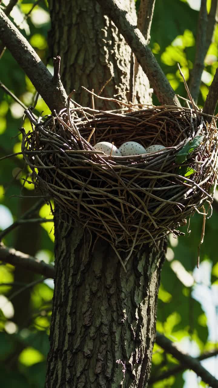 Primo piano di un nido di uccelli con uova su un albero.