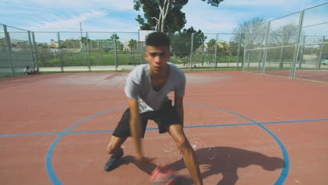 Black-athlete-dribbling-and-shooting-basketball-ball