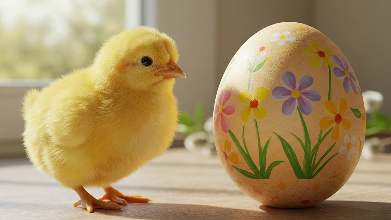 A Cute Yellow Chick Stands Beside a Beautifully Decorated Easter Egg, Capturing the Joy and Spirit of Spring in a Bright and Cheerful Setting