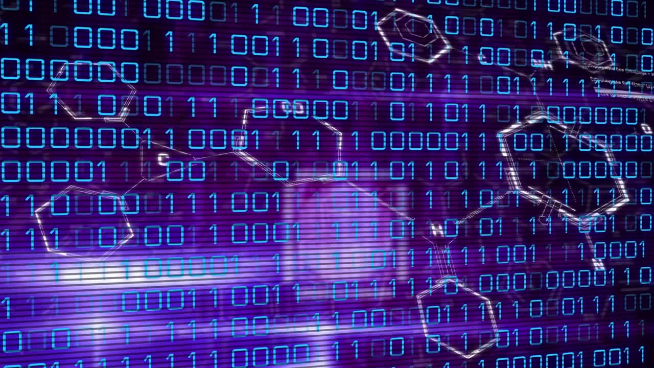 Animation of data processing over chemical formula on black background