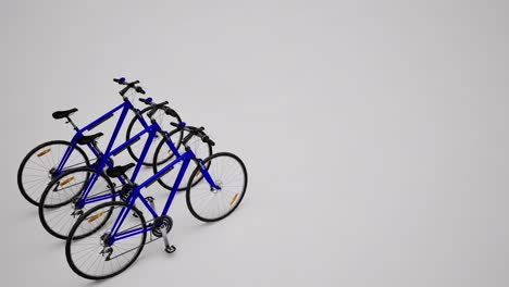 three blue 3d bicycles on white background, 3d animation, camera dolly right slowly