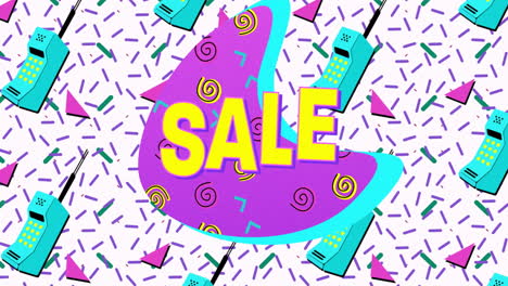 texto de venta en banner púrpura contra múltiples iconos de teléfono en un patrón sin costuras sobre fondo blanco