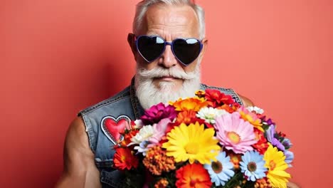 un hombre con una barba blanca sosteniendo un ramo de flores