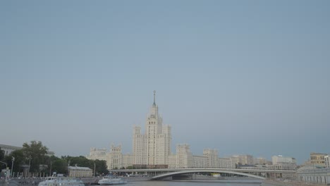 moscow cityscape at dusk with kotelnicheskaya embankment and river