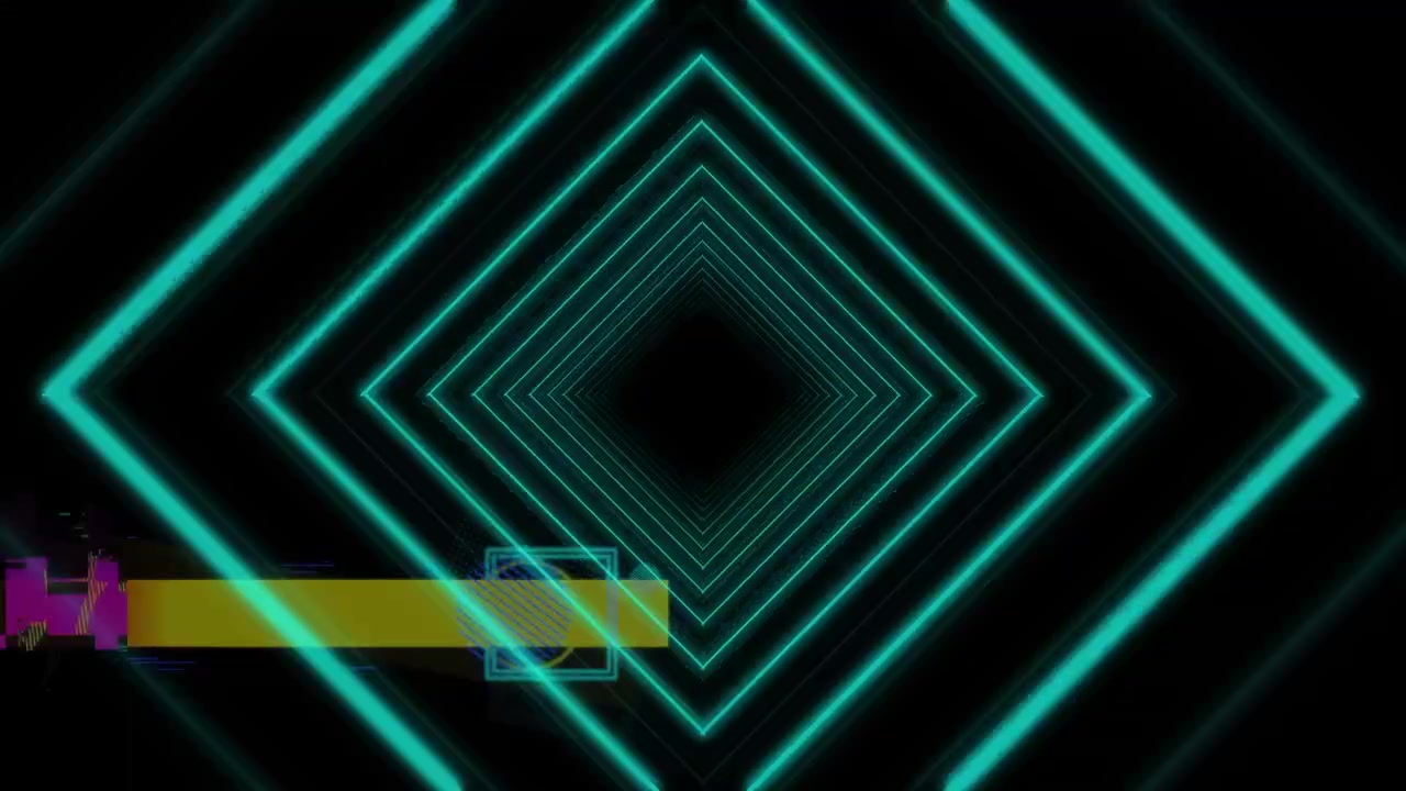 Animation af forvrængede blå neondiamanter, der bevæger sig over et gult banner på sort baggrund.