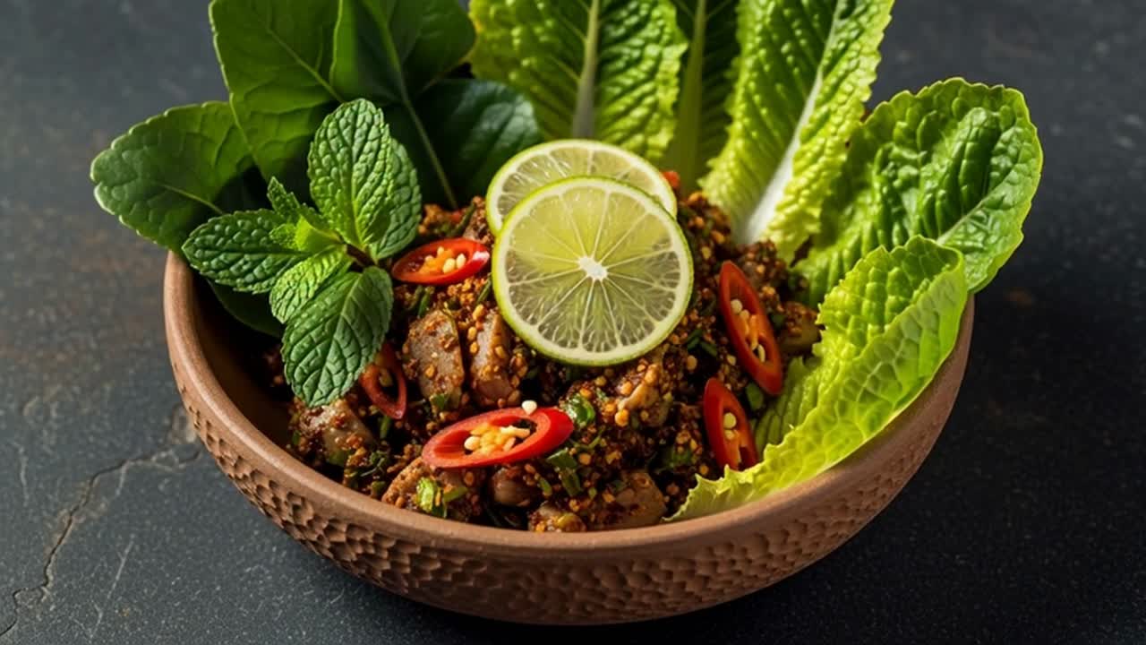 Thai spicy minced meat salad Larb with mint and lime in bowl