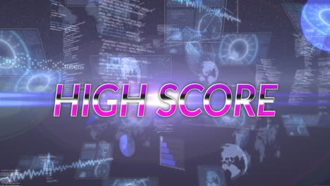 Animation-of-high-score-text-over-data-processing-on-dark-background