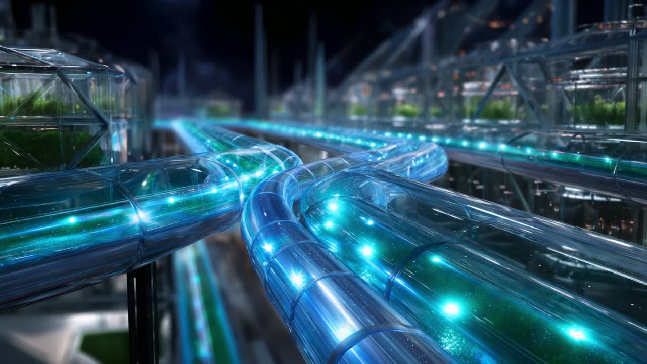 Futuristic illuminated transportation system comprising sleek transparent pipes with vibrant lighting, showcasing advanced design and technology in a modern urban environment, creating an innovative and efficient pathway