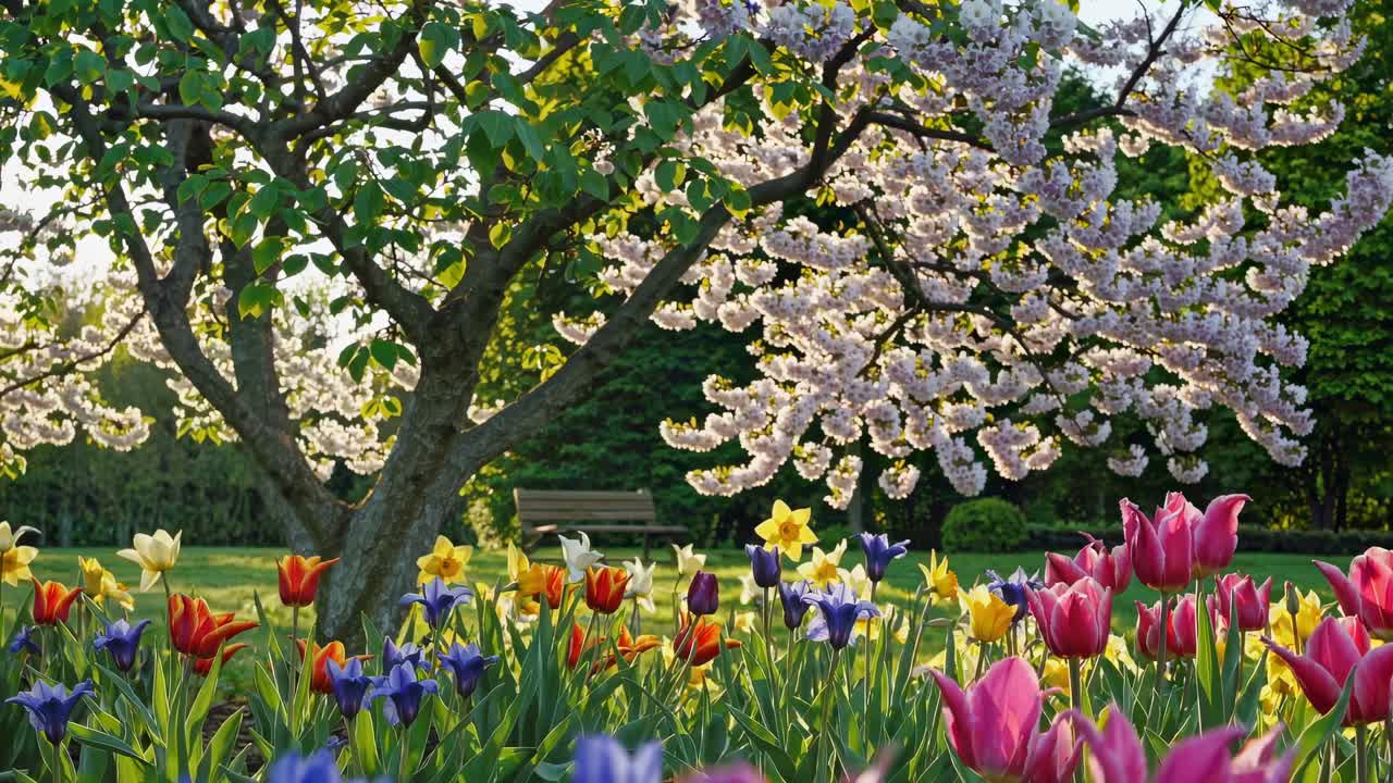 The video captures a serene garden scene with vibrant tulips and cherry blossoms