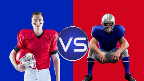 animation of vs text in white, over male american football players from two teams, on red and blue