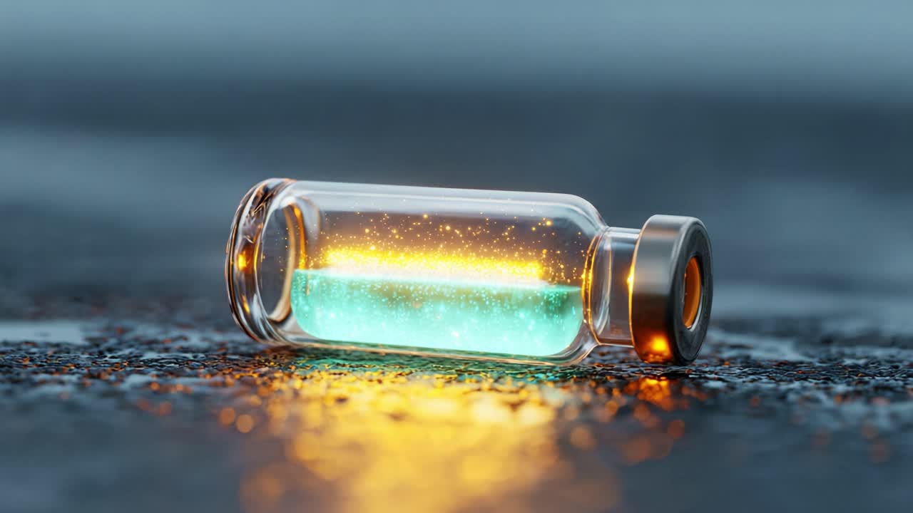 A Close-Up View of a Stunning Glass Vial Containing Glimmering Liquid with Sparkles, Showcasing an Iridescent Color Combination and Radiating Soft Light on a Wet Surface