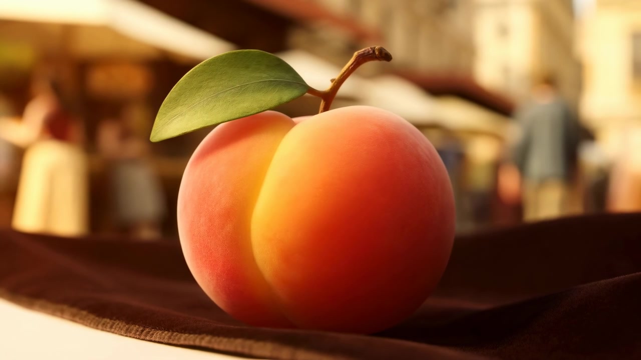 Buah persik matang dengan daun dan tangkai yang masih menempel, diletakkan di atas kain gelap, menunjukkan kulit beludru, garis tengah, nuansa oranye kuning yang hangat, cahaya dalam ruangan yang lembut, latar belakang buram dangkal, dan gaya pasar alami