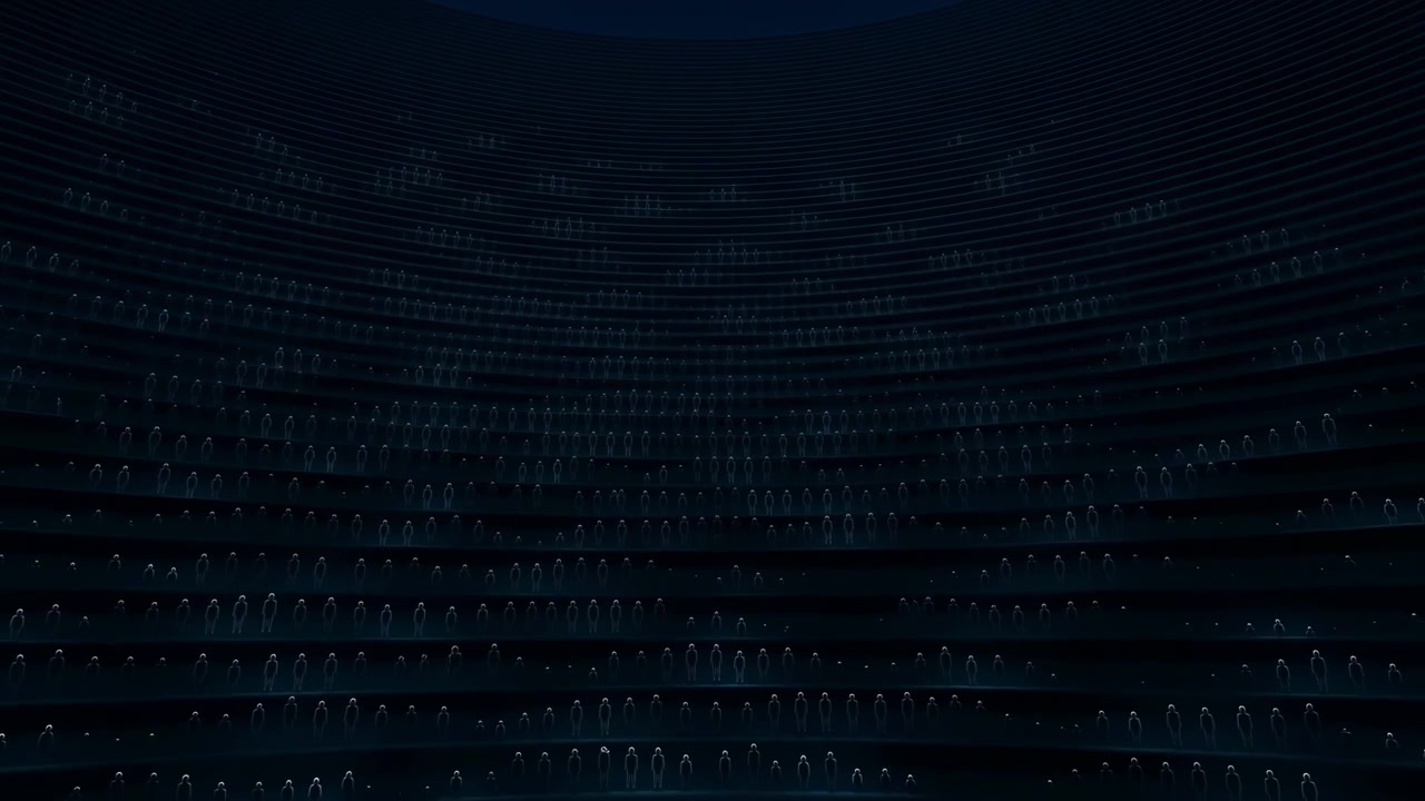 Futuristic Audience Appearing in a Dark Tiered Arena