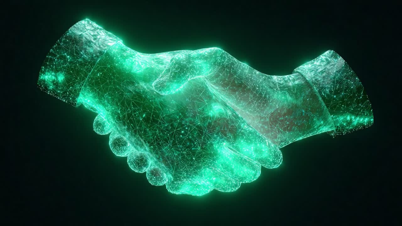 Futuristisk, grønt, digitalt håndtryk i et glødende plexusnetværk, der symboliserer forretningspartnerskab, virtuel aftale og globalt teknisk samarbejde i metaverset og cyberspace.