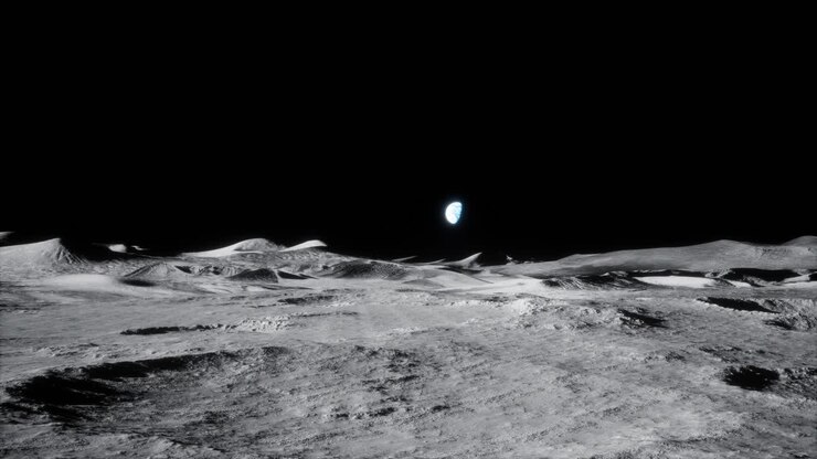 4k slow wide forwards dolly shot da lua paisagem lunar com a terra logo acima do horizonte