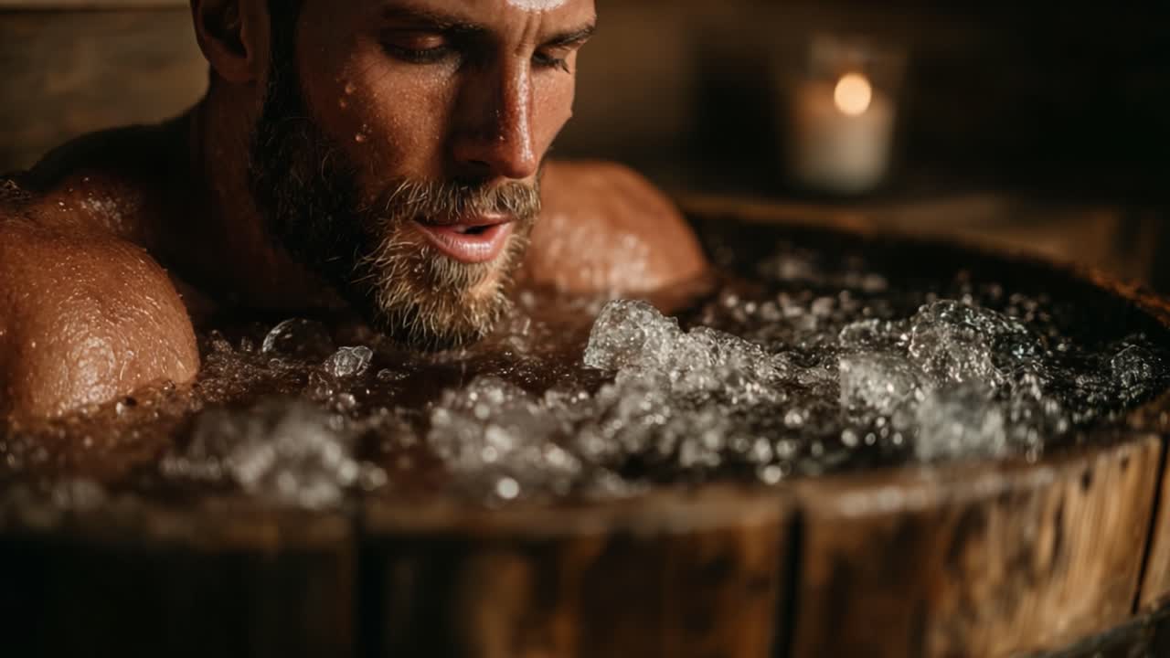 Relax e serenità in una vasca di legno: un uomo si concede un bagno caldo e rilassante per distendersi e rigenerarsi dopo una lunga giornata
