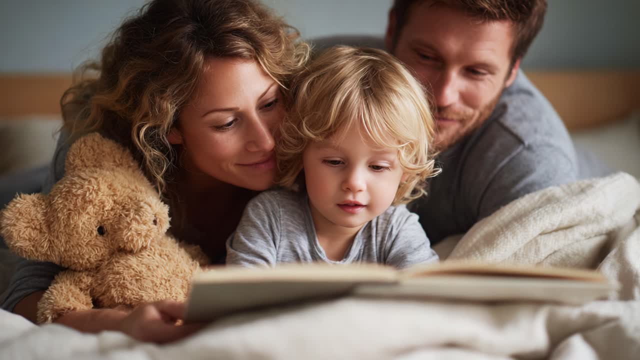 Un tenero momento in famiglia: genitori e il loro bambino si godono un momento di unione leggendo insieme in una confortevole camera da letto, in un'atmosfera piena di amore e comodità