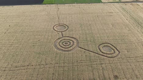 mysterious mystical geometric signs in the middle of a wheat field. ufo left footprints in the field. aerial 4k footage