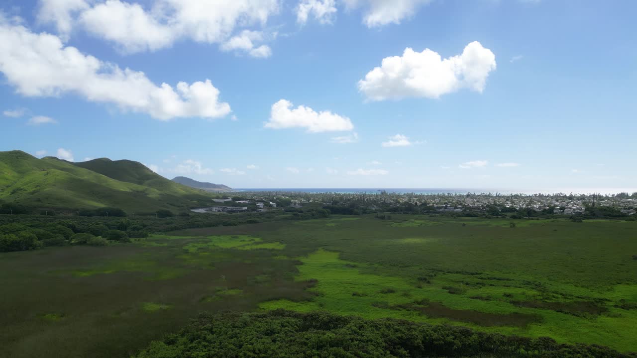 campo hawaiano y costa con avión no tripulado pasando por