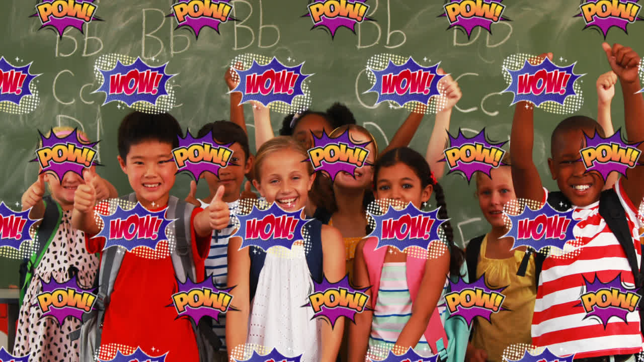 그리고 교실에서 엄지손가락을 올리는 아이들에 대한 와우 파우 문자