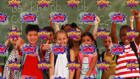 y wow pow texto contra los niños que muestran los pulgares en el aula