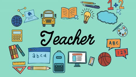 Animation-of-teacher-text-and-school-items-icons-on-green-background