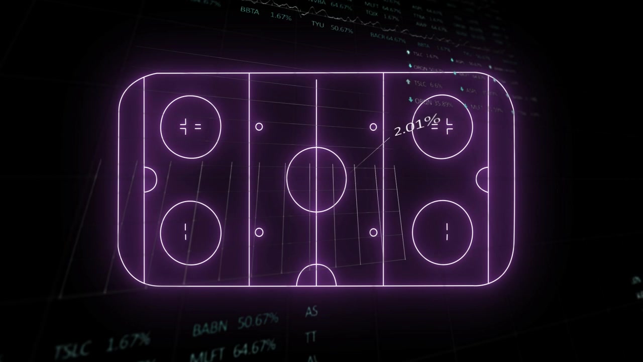 Black frame cutting to glowing magenta rink appearing, tracing lines, revealing financial charts
