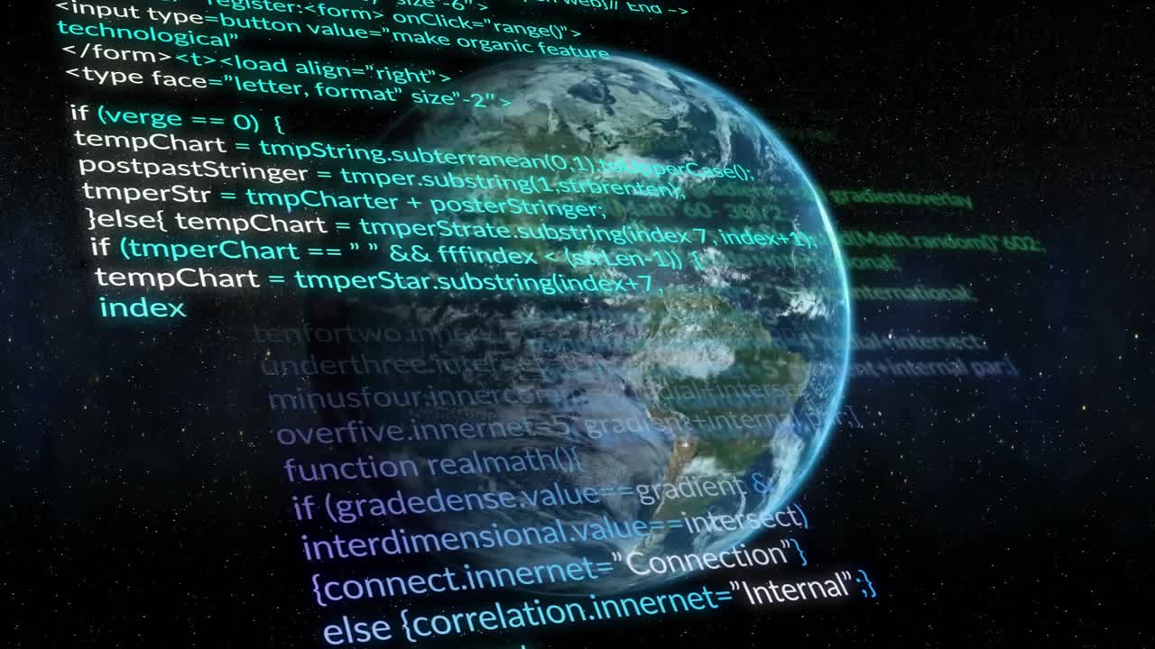 Opening star field showing Earth globe, multicolor code appearing scrolling up, rotating globe