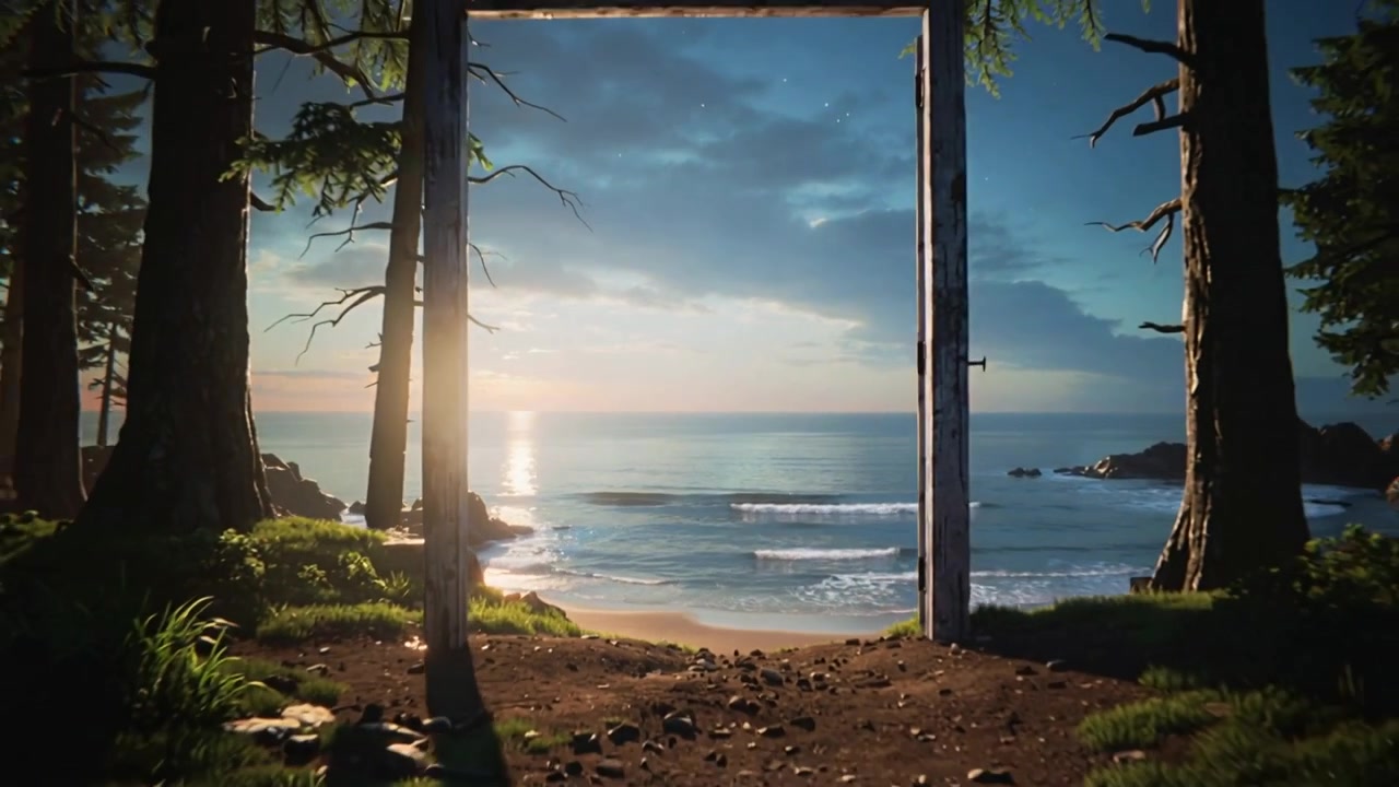 Porte en bois battante avec poignée métallique, révélant le rivage et un reflet du soleil dans une clairière forestière.