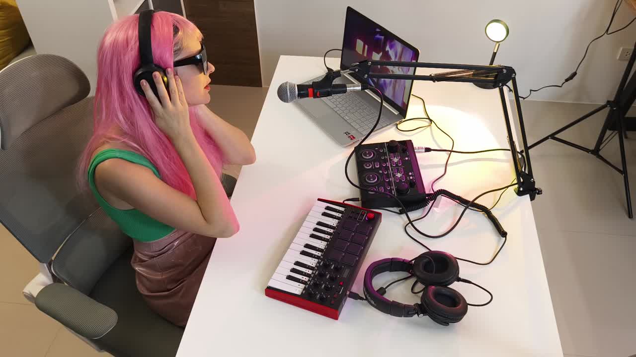 Donna che registra musica in uno studio domestico