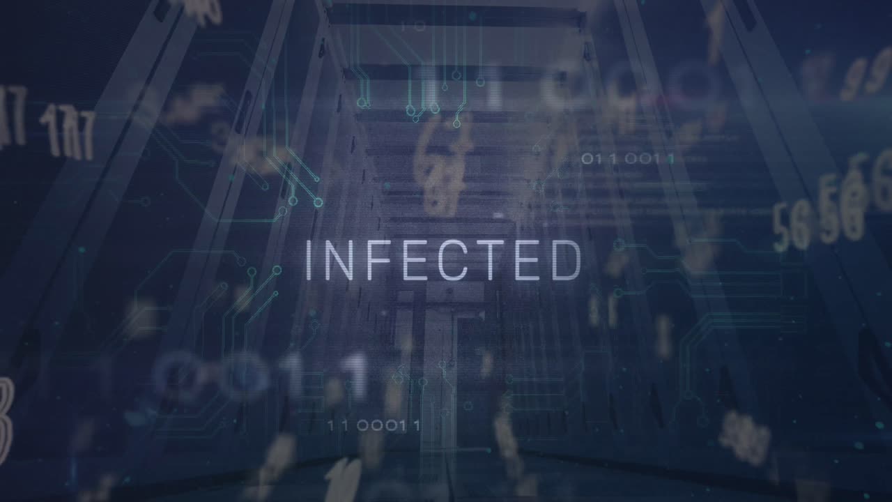 Animation of infected text, binary codes, numbers and symbols over low angle view of server room