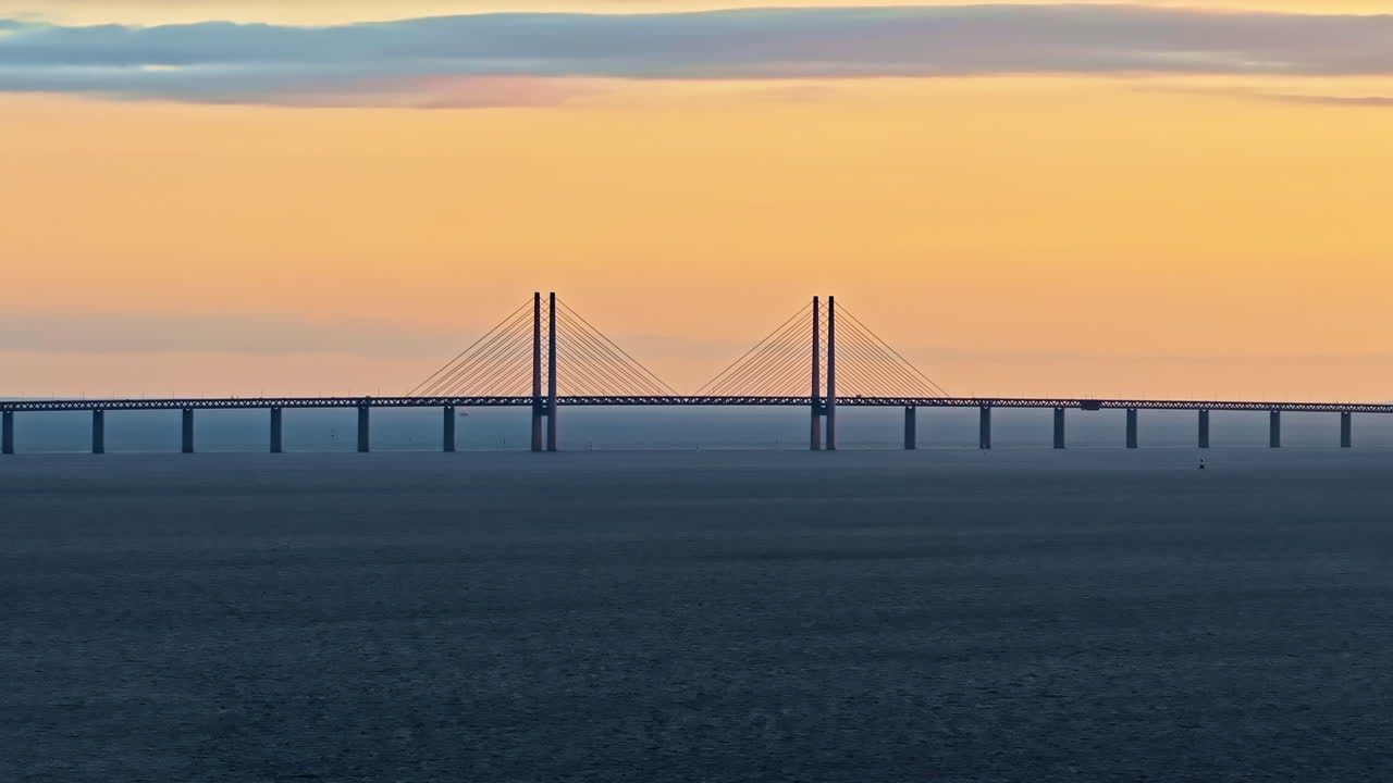 Aerial drone view of the Oresund Bridge cable-stayed bridge across the Oresund strait between Denmark and Sweden