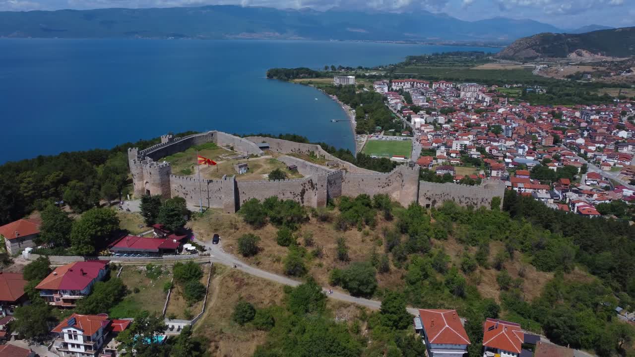 Cinematic drone video of Ohrid Fortress with Lake Ohrid in the background - Macedonia