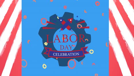 Animation-of-labor-day-celebration-text-over-cog-and-american-flag